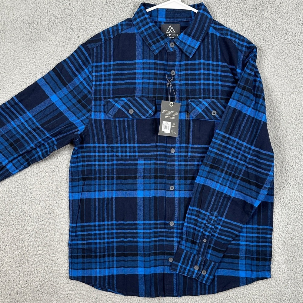 Alpine Design Explorer Flannel Shirt Button Up Mens Medium Blue Plaid Pocket NEW